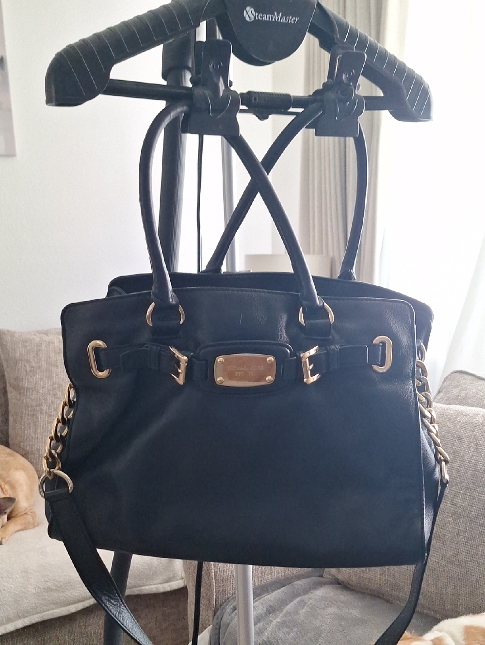 Michael Kors Black Leather Tote with Gold-Tone Accents